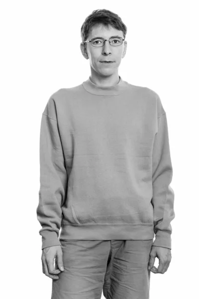 Estúdio Tiro Homem Usando Suéter Isolado Contra Fundo Branco Preto — Fotografia de Stock