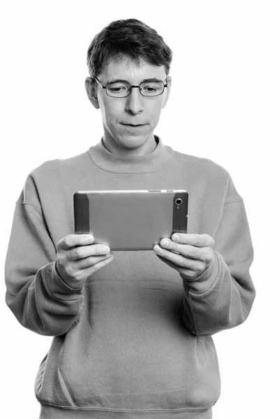 Studio Shot Man Wearing Sweater Isolated White Background Black White — Stock Photo, Image