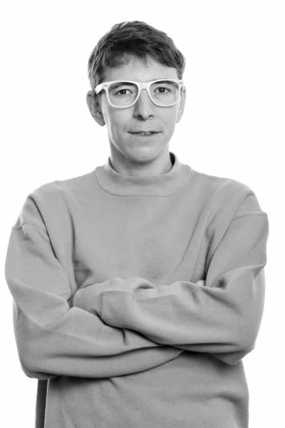 Studioaufnahme Eines Mannes Pullover Isoliert Vor Weißem Hintergrund Schwarz Weiß — Stockfoto
