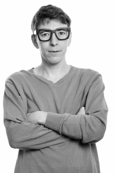 Studio Shot Man Wearing Sweater Isolated White Background Black White — Stock Photo, Image