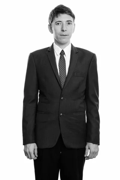 Studio Shot Businessman Suit Isolated White Background Black White — Stock Photo, Image