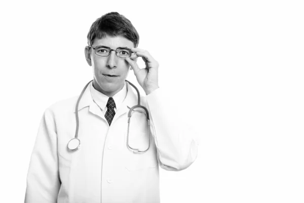Studio Shot Man Doctor Eyeglasses Isolated White Background Black White — Stock Photo, Image