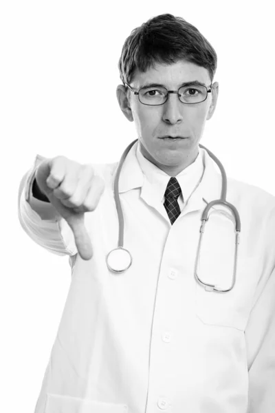 Студійний Знімок Лікаря Чоловіка Окулярами Ізольовано Білому Тлі Чорно Білому — стокове фото