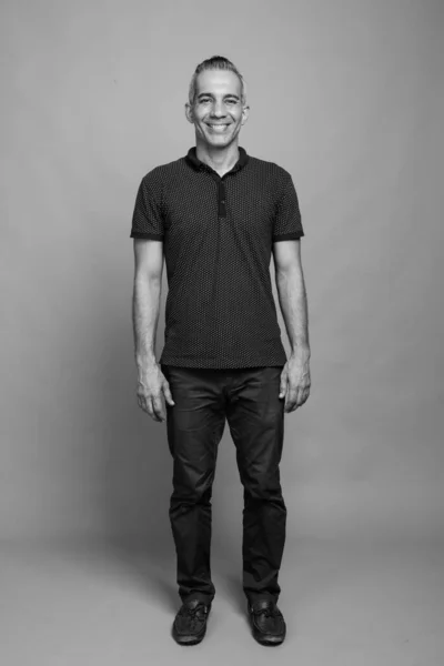 Studio Shot Handsome Persian Man Gray Hair Wearing Polo Shirt — Stock Photo, Image