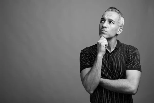 Studio Shot Handsome Persian Man Gray Hair Wearing Polo Shirt — Stock Photo, Image