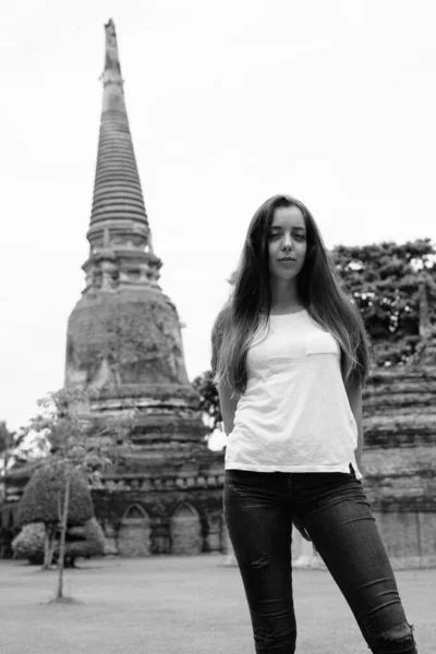 Portrait Young Beautiful Tourist Woman Having Vacation Thailand Black White — Stock Photo, Image