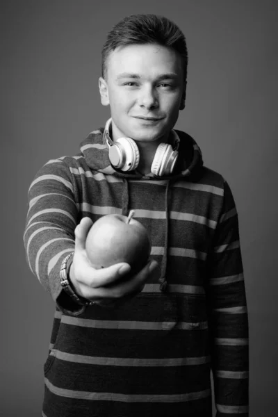 Studio Shot Young Handsome Man Wearing Hoodie Gray Background Black — Stock Photo, Image