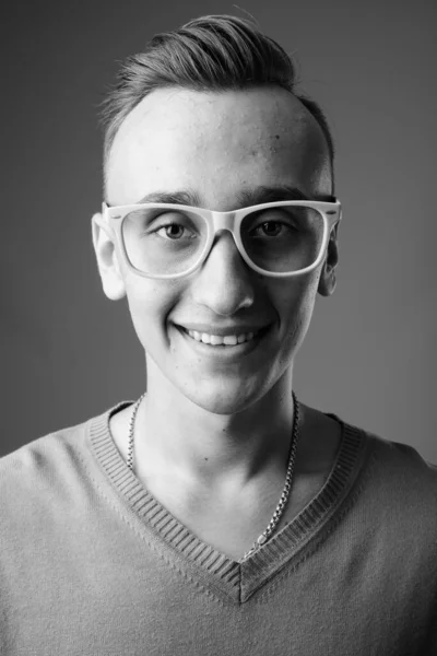 Studio Shot Young Handsome Nerd Man Wearing Eyeglasses Gray Background — Stock Photo, Image