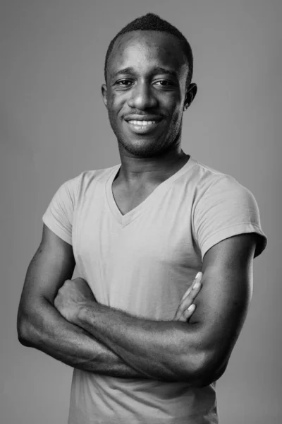 Studio Shot Young African Man Gray Background Black White — Fotografia de Stock