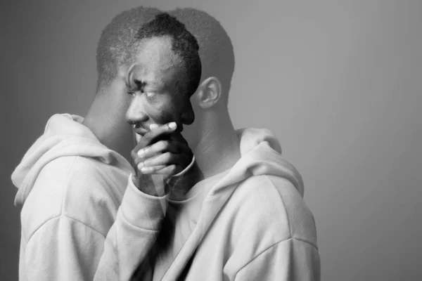 Studio Shot Young African Man Wearing Hoodie Gray Background Black — Stock Photo, Image