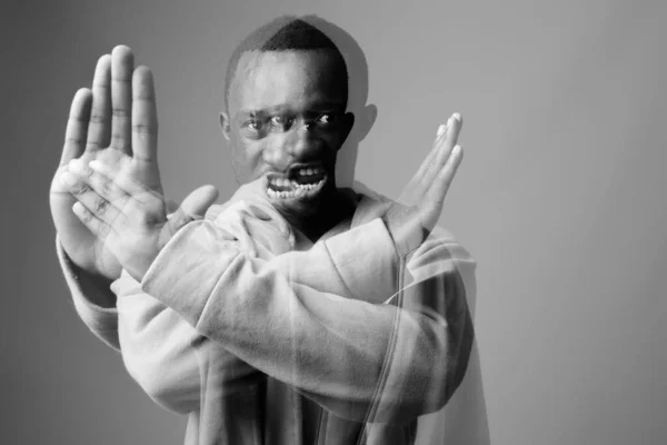 Studio Shot Young African Man Wearing Hoodie Gray Background Black — Stock Photo, Image