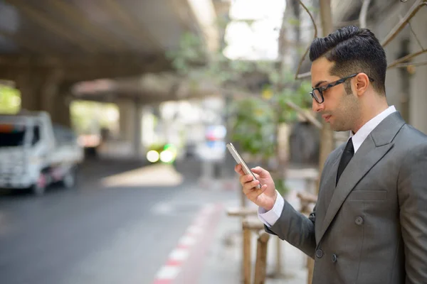 Portrait Young Handsome Persian Businessman Wearing Suit City Streets Outdoors — Stock Photo, Image
