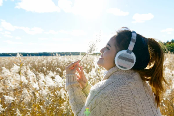 Portrait Young Beautiful Asian Woman Scenic View Autumn Bulrush Field Royalty Free Stock Photos