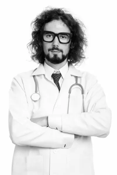 Estúdio Tiro Homem Barbudo Bonito Médico Com Cabelo Encaracolado Isolado — Fotografia de Stock