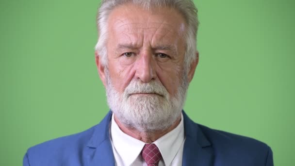 Handsome senior bearded businessman against green background — Stock Video