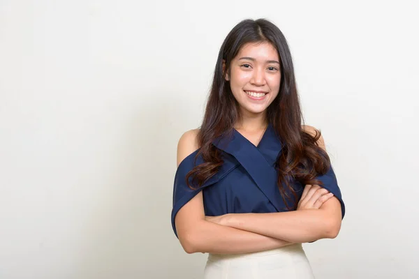 Estúdio Tiro Jovem Bela Mulher Negócios Asiática Contra Fundo Branco — Fotografia de Stock