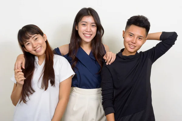 Studio Shot Three Young Beautiful Asian Women Friends Together White — Foto de Stock