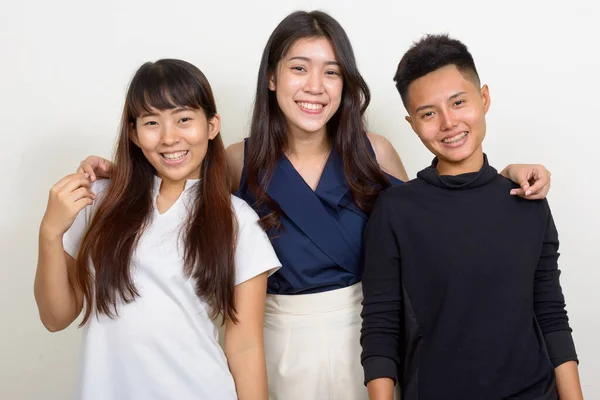 Studio Shot Three Young Beautiful Asian Women Friends Together White — Foto de Stock