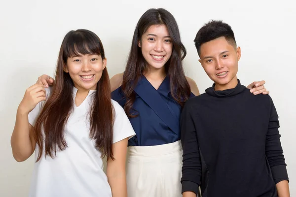 Studio Shot Three Young Beautiful Asian Women Friends Together White — Stock fotografie