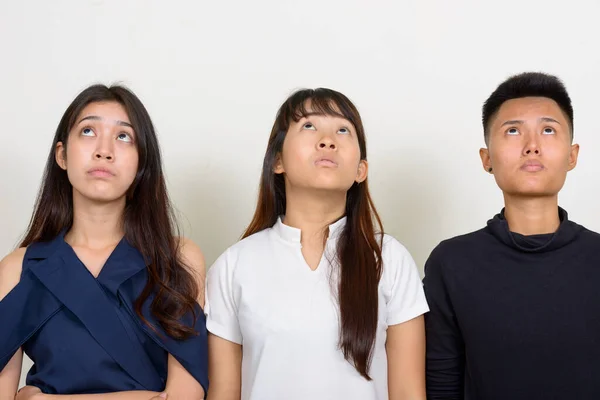 Studio Shot Three Young Beautiful Asian Women Friends Together White — Stockfoto