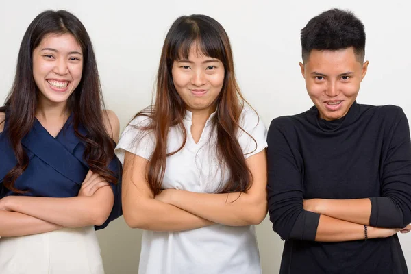 Studio Shot Three Young Beautiful Asian Women Friends Together White — Φωτογραφία Αρχείου