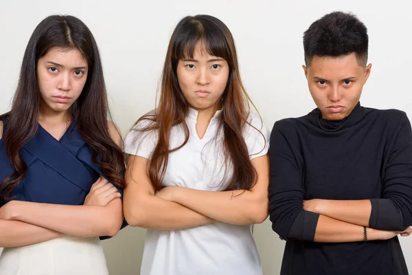 Studio Shot Three Young Beautiful Asian Women Friends Together White — Foto Stock