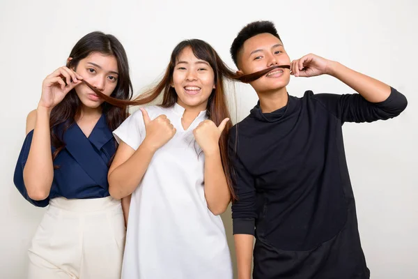 Studio Shot Three Young Beautiful Asian Women Friends Together White — Photo