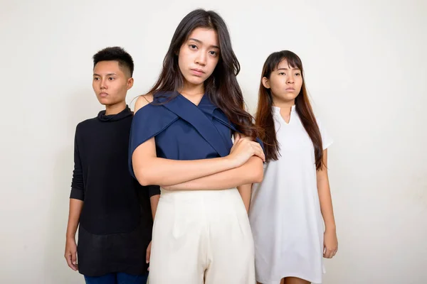 Studio Shot Three Young Beautiful Asian Women Friends Together White — Stock Fotó