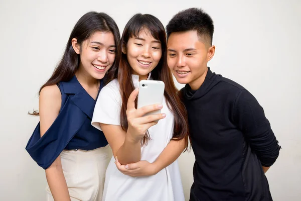 Studio Shot Three Young Beautiful Asian Women Friends Together White — Photo