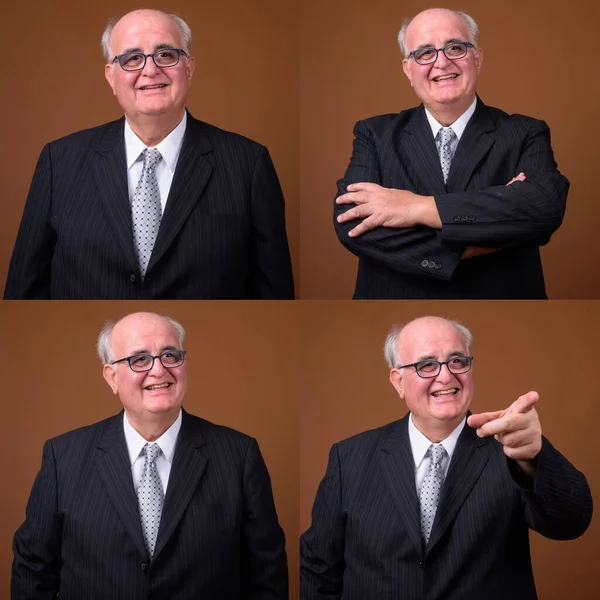 Collage Anziano Uomo Affari Calvo Sovrappeso Con Occhiali Sfondo Marrone — Foto Stock