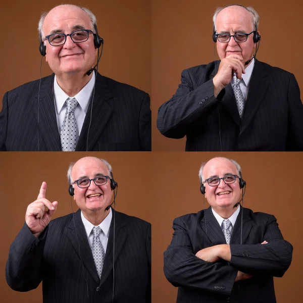 Collage Anziano Uomo Affari Calvo Sovrappeso Con Occhiali Sfondo Marrone — Foto Stock