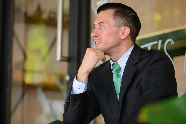 Portrait Young Handsome Businessman Suit Coffee Shop Outdoors — Foto de Stock