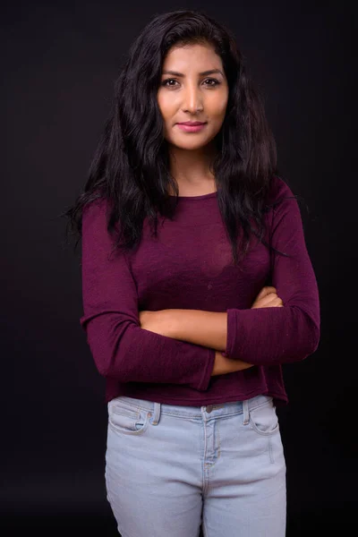 Studio Shot Young Beautiful Indian Woman Black Background — стоковое фото