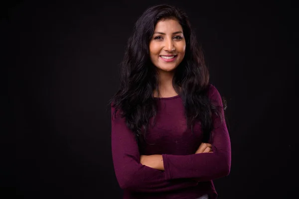 Studio Shot Young Beautiful Indian Woman Black Background — стоковое фото