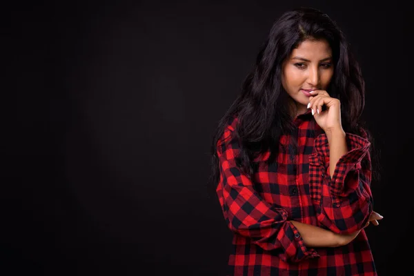 Studio Shot Young Beautiful Indian Hipster Woman Black Background — Stock Photo, Image