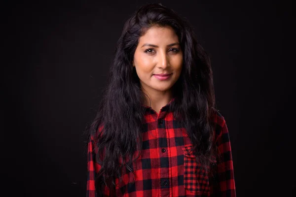 Studio Shot Young Beautiful Indian Hipster Woman Black Background — Fotografia de Stock