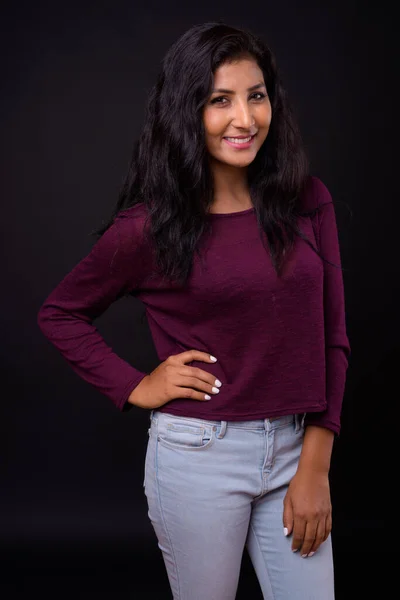 Studio Shot Young Beautiful Indian Woman Black Background — Foto Stock