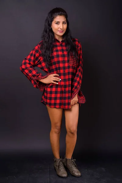 Studio Shot Young Beautiful Indian Hipster Woman Black Background — Stok fotoğraf