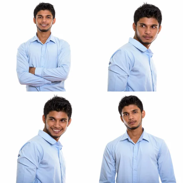 Κολάζ Του Νεαρού Όμορφου Ινδού Επιχειρηματία Απομονωμένο Λευκό Φόντο — Φωτογραφία Αρχείου