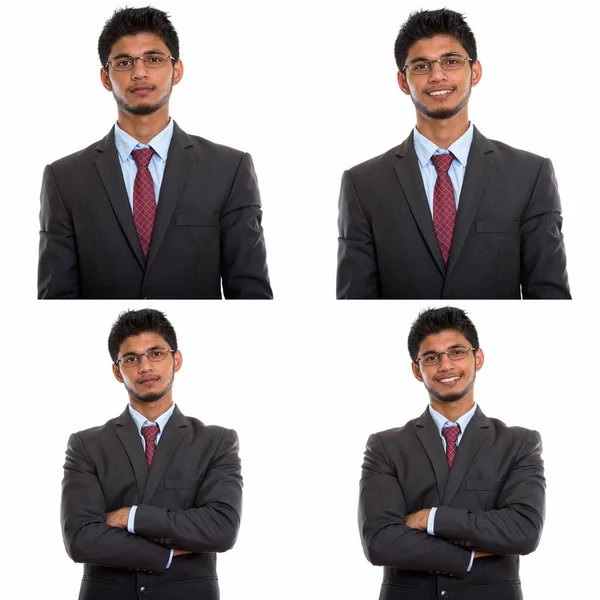 白い背景に対して隔離された訴訟で若いハンサムなインド人ビジネスマンのコラージュ — ストック写真