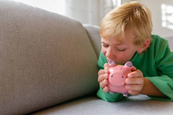 Portrait Young Handsome Boy Blond Hair Sitting Couch Living Room — Stock Photo, Image