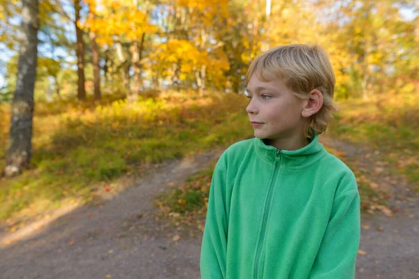 Mladý pohledný chlapec přemýšlí a dívá se do parku na podzim — Stock fotografie