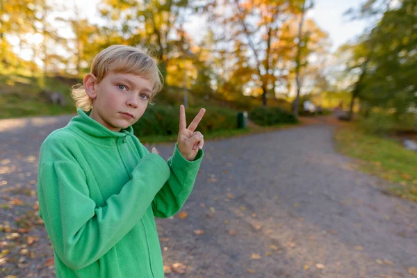 Mladý pohledný chlapec s mírovým znamením v parku na podzim — Stock fotografie