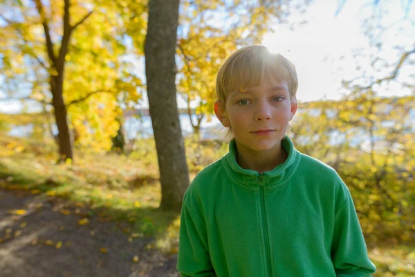 Mladý pohledný chlapec v parku na podzim — Stock fotografie