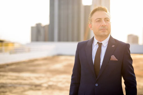 Mature handsome businessman in suit against view of the city — Stock Photo, Image