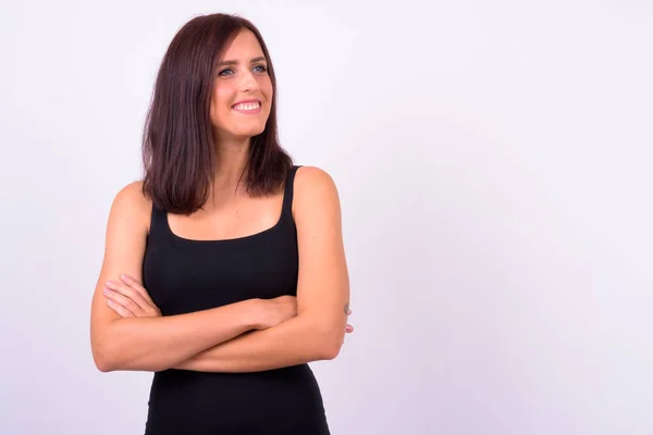 Studio Shot Van Jonge Mooie Vrouw Tegen Witte Achtergrond — Stockfoto