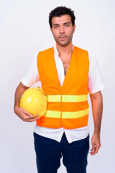 Estudio Disparo Hombre Turco Guapo Trabajador Construcción Sobre Fondo Blanco — Foto de Stock