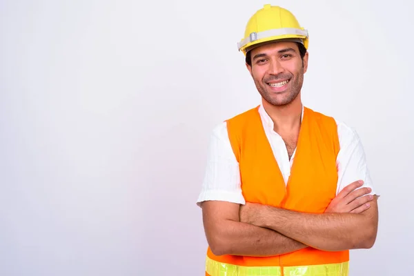 Estúdio Tiro Belo Turco Homem Trabalhador Construção Contra Fundo Branco — Fotografia de Stock