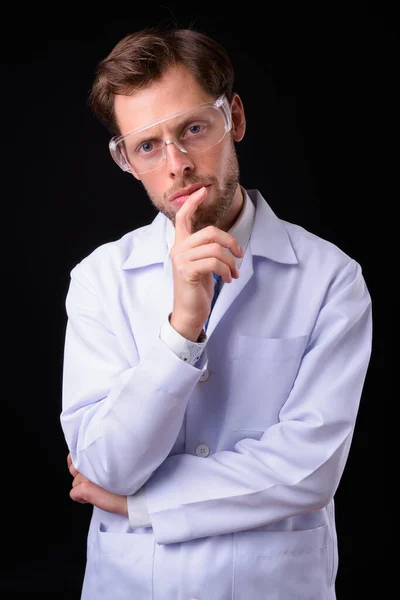 Studio Shot Handsome Bearded Man Doctor Scientist Wearing Protective Glasses — Stock Photo, Image