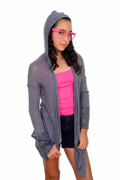 Estúdio Tiro Jovem Bela Adolescente Como Nerd Com Óculos Isolados — Fotografia de Stock